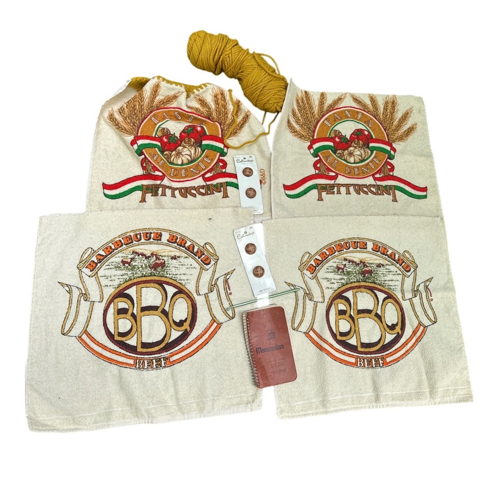 Vintage Franco Kitchen Towel Crochet Kit BBQ Pasta Graphics Yarn Hook Buttons
